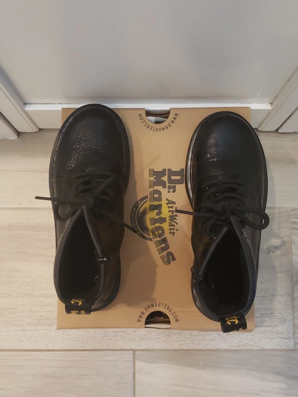 Dr. Martens Black Leather Lace-Up Kid's Crinkle Metalic Boots